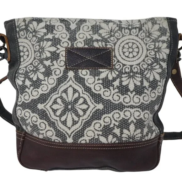 Myra Bag Brown Gray Cotton Leather Mandala Crossbody Shoulder Bag Purse - Picture 3 of 12